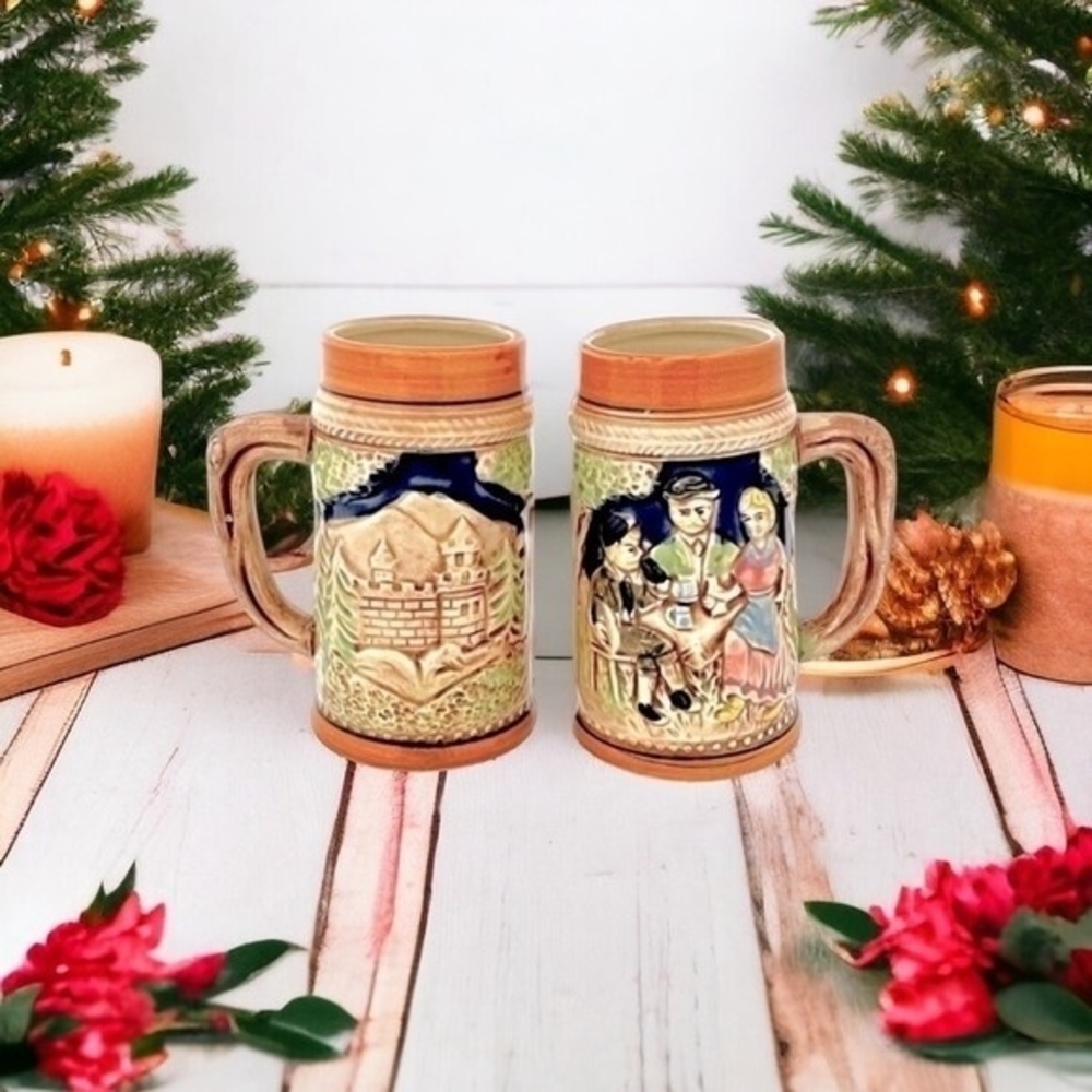 Vintage Pair 2 Japanese Bavarian Style Beer Steins 5.5 Hand-Painted Ceramic NWOT